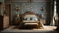 Craft a classic European-style luxury bedroom with antique furniture, intricate wallpaper, and a luxurious, hand-carved bed frame Royalty Free Stock Photo