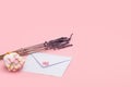 craft closed paper envelope for mail post and lavender isolated on the pink Royalty Free Stock Photo