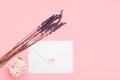craft closed paper envelope for mail post and lavender isolated on the pink Royalty Free Stock Photo