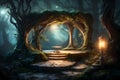 3D podium with a magical, ethereal glow, set in a mystical forest under the moonlight