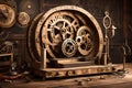 3D podium with a vintage, steampunk-inspired design, featuring intricate gears and mechanical elements