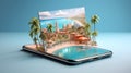 Craft a 3D-rendered image that focuses on the mobile app user experience for booking travel. Show a smartphone screen with a