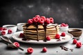 Craft a delicious and visually appealing scene with a stack of pancakes topped with fresh raspberries and drizzled with chocolate