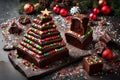 Craft a deliciously festive image with a Christmas tree made of chocolate brownies,