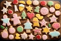 Craft a delightful scene by arranging many tasty sugar cookies on a charming wooden board. Showcase the variety of shapes and