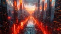 Craft a digital rendering using CG 3D technology to depict a futuristic cityscape with wide-angle mirror symmetry Show dynamic