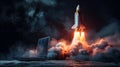 Craft a dynamic side view 3D render featuring a sleek space rocket launching from a laptop on a striking black backdrop Utilize