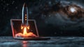 Craft a dynamic side view 3D render featuring a sleek space rocket launching from a laptop on a striking black backdrop Utilize