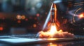 Craft a dynamic side view 3D render featuring a sleek space rocket launching from a laptop on a striking black backdrop Utilize