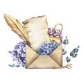 Craft envelope with a sheet of parchment with a gold lock, key and feather, with hydrangea flowers and eucalyptus. Hand Royalty Free Stock Photo