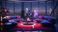 Craft a futuristic lounge with high-tech furnishings and neon lights that create a cyberpunk-inspired aesthetic, making it a