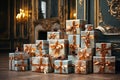 Craft gift boxes with beige bows iand candles in antique interior. Generative AI