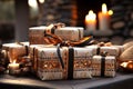 Craft gift boxes with black bows in ethno style and candles in antique interior. Generative AI