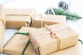 Craft and handmade Christmas present gift boxes and rustic decoration. Royalty Free Stock Photo