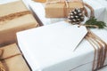 Craft and handmade Christmas present gift boxes with tag Royalty Free Stock Photo