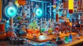 Craft a highangle view illustration of a comical scene in a science lab where tiny nanorobots create chaotic yet hilarious