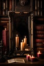 An image of a dark gothic vertical frame mockup surrounded by a collection of antique books and flickering candles