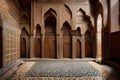 An image of a mosaic podium in a traditional Moroccan riad, highlighting the intricate geometric mosaic patterns and the Royalty Free Stock Photo