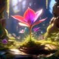 craft an imaginative scene of a magical seedling emerging with enchanting colors and textures are