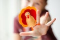 craft for kids. DIY felt Turkey for thanksgiving day. create art for children. girl playing with finger toy Royalty Free Stock Photo