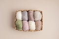 Craft knitting hobby background with yarn in natural colors