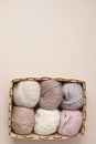 Craft knitting hobby background with yarn in natural colors