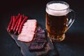 Craft lager beer and meat snacks set. bar table