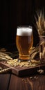 Craft light beer on the wooden table with wheat grain around. Vertical poster