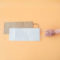 Craft long packaging bags on an orange background. Place for text and logo. The concept of packaging, gift, drink Royalty Free Stock Photo