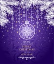 Craft magic Christmas card with hanging paper cutting ball and decoration with conifer branches vignette on purple background Royalty Free Stock Photo