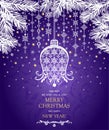 Craft magic Christmas card with hanging paper cutting jingle bell and decoration with conifer branches vignette on purple backgrou Royalty Free Stock Photo