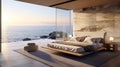 Craft a modern luxury bedroom with sleek, minimalist furnishings, and a breathtaking view of the ocean waves crashing against the