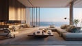 Craft a modern luxury living room with sleek, minimalist decor, and panoramic ocean views that provide a sense of serenity and