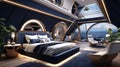 Craft a nautical-themed luxury bedroom with a yacht-inspired design, navy blue accents, and porthole-style windows overlooking the Royalty Free Stock Photo