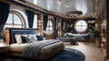 Craft a nautical-themed luxury bedroom with a yacht-inspired design, navy blue accents, and porthole-style windows overlooking the Royalty Free Stock Photo