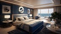 Craft a nautical-themed luxury bedroom with a yacht-inspired design, navy blue accents, and porthole-style windows overlooking the Royalty Free Stock Photo