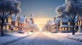 Craft a nostalgic scene of a small town covered in snow, with Victorian-style houses lit up with warm, inviting lights