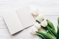 Craft notebook, pen and stylish tulips on white wooden rustic ba Royalty Free Stock Photo