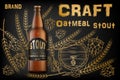 Craft oatmeal stout beer ads. Realistic malt bottle beer isolated on retro background with ingredients wheats, hops and Royalty Free Stock Photo