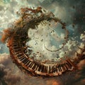 Craft a panoramic visualization that captures the transformative nature of music Use surreal elements, such as floating musical