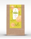 Craft Paper Bag with Fruit and Berries Tea Label. Realistic Vector Pouch Packaging Design Layout. Modern Typography Royalty Free Stock Photo