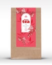 Craft Paper Bag with Fruit and Berries Tea Label. Realistic Vector Pouch Packaging Design Layout. Modern Typography