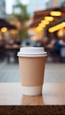 Craft paper biodegradable disposable cup with lid for hot drinks on a wooden table of street cafe. Tea or coffee to take Royalty Free Stock Photo