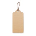 Craft paper label hanging on cord. Kraft cardboard tag mockup. Blank carton badge on string. Eco rustic beige card with