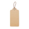 Craft paper label hanging on cord. Kraft cardboard tag mockup. Blank carton badge on string. Eco rustic beige card with Royalty Free Stock Photo