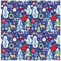 Craft paper navy blue seamless wallpaper with Christmas pattern with snowy firs, trees, reindeer, angel, apple, candy, cookies, ji Royalty Free Stock Photo