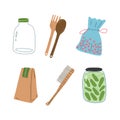 Craft Paper Package, Glass Jar, Pouch, Brush and Wooden Utensils as Everyday Reused Object Vector Set