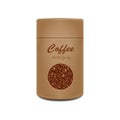 Craft paper pot template. Vector realistic pack with window for coffee beans. Coffee brown packaging