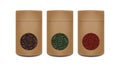 Craft paper pot template. Vector realistic pack with window for tea. Red, green, black tea. Brown packaging
