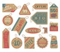 Craft paper tag shop clothes sale stiker cardboard gift price vintage brown label card vector illustrations